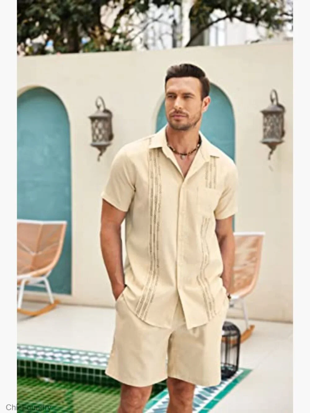 Men's Linen 2-Piece Set: Short Sleeve Button Down Shirt & Elastic Waist Shorts - Picture 2 of 7